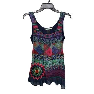 Desigual Layered Geometric Sleeveless Blouse Size Small Flowy Whimsy Bright‎